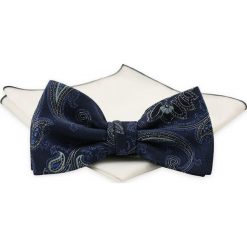 Granatowa Mucha z Białą Poszetką -CHATTIER- Męska, w Orientalny Wzór MUCH0600. Niebieskie muszki męskie Chattier, na imprezę, w paski, eleganckie. Za 44,00 zł.