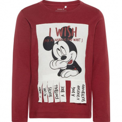 Koszulka "Mickey" w kolorze ciemnoczerwonym. Czerwone t-shirty chłopięce z długim rękawem Name it Kids, z aplikacjami, z bawełny. W wyprzedaży za 49,95 zł.