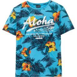 T-shirt Slim Fit bonprix turkusowy z nadrukiem. Niebieskie koszulki męskie bonprix, xl, z nadrukiem, z okrągłym kołnierzem, bez rękawów. Za 49,99 zł.
