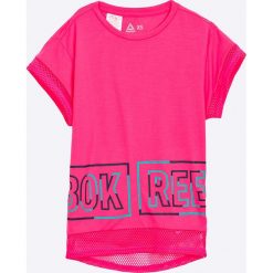 Reebok - Top Dziecięcy 128-152 cm. Różowe bluzki dziewczęce z nadrukiem marki Reebok, z dzianiny, z okrągłym kołnierzem, z krótkim rękawem. Za 89,90 zł.