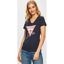 Guess Jeans - Top. Niebieskie bluzki damskie Guess Jeans, s, z nadrukiem, z bawełny, bez kołnierzyka. W wyprzedaży za 99,90 zł.