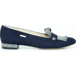 Dwukolorowe balerinki z frędzlami - skóra naturalna - model 046 - kolor granat nubuk+grafit. Szare baleriny damskie Zapato, bez wzorów, z jeansu, klasyczne, bez obcasa, na obcasie. W wyprzedaży za 209,30 zł.