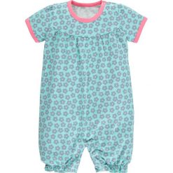 Rampers w kolorze turkusowym. Niebieskie body niemowlęce lamino, bez wzorów, z bawełny, bez rękawów. W wyprzedaży za 35,95 zł.