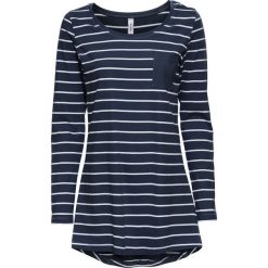Długi shirt bonprix ciemnoniebiesko-biały w paski. Niebieskie koszulki damskie bonprix, w paski, bez kołnierzyka, z długim rękawem. Za 54,99 zł.