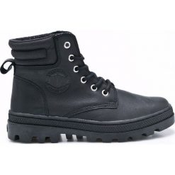 Palladium - Botki. Czarne botki damskie na obcasie marki Palladium, z materiału, z okrągłym noskiem, na sznurówki. W wyprzedaży za 349,90 zł.