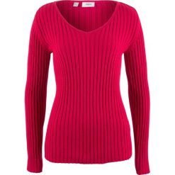 Sweter bawełniany w prążek bonprix czerwony. Czerwone swetry damskie bonprix, bez wzorów, z bawełny, bez rękawów, bez kaptura. Za 54,99 zł.