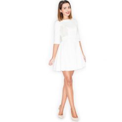 Elegancka Ecru Rozkloszowana Sukienka Mini z Koronką. Szare sukienki damskie Molly.pl, na imprezę, s, w koronkowe wzory, z koronki, eleganckie, bez kołnierzyka, bez rękawów, mini, rozkloszowane. Za 129,00 zł.