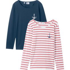 Shirt z długim rękawem bonprix ciemnoniebiesko-biel wełny + czerwony w paski. Niebieskie bluzki dziewczęce bonprix, w paski, z wełny, bez kołnierzyka, z długim rękawem, długie, bez kaptura. Za 45,98 zł.