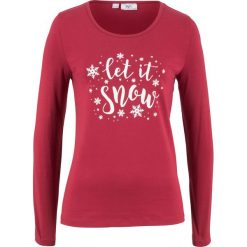 Shirt, długi rękaw bonprix czerwono-pomarańczowy z nadrukiem. Pomarańczowe koszulki damskie marki bonprix, z nadrukiem, bez kołnierzyka, z długim rękawem. Za 34,99 zł.