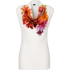 Długi shirt bonprix ecru z nadrukiem. Białe koszulki damskie bonprix, z nadrukiem, eleganckie, bez kołnierzyka, z długim rękawem. Za 49,99 zł.