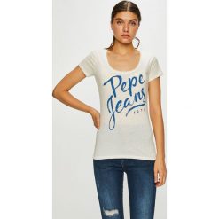 Pepe Jeans - Top. Białe bluzki damskie Pepe Jeans, s, z nadrukiem, z bawełny, z okrągłym kołnierzem, z krótkim rękawem. W wyprzedaży za 59,90 zł.