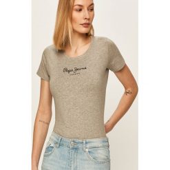 Pepe Jeans - Top New Virginia. Czarne bluzki damskie Pepe Jeans, s, z nadrukiem, z elastanu, casualowe, z okrągłym kołnierzem, z krótkim rękawem. W wyprzedaży za 79,90 zł.