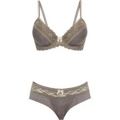 Biustonosz usztywniany + figi "panty" (2 części) bonprix jasnooliwkowy. Zielone biustonosze koronkowe marki bonprix, z nadrukiem. Za 69,99 zł.