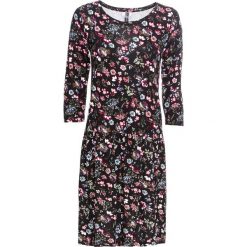 Sukienka shirtowa w kwiaty bonprix czarno-kolorowy. Czarne sukienki damskie bonprix, w kwiaty, bez kołnierzyka, bez rękawów. Za 89,99 zł.