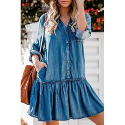 Tunika MIRDONA. Niebieskie tuniki damskie IVET, xl, bez wzorów, z jeansu, eleganckie, bez kołnierzyka, z długim rękawem. W wyprzedaży za 99,00 zł.