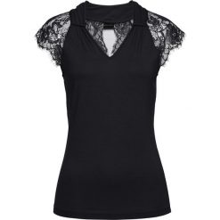 Shirt z krótkim rękawem i koronką bonprix czarny. Czarne koszulki damskie bonprix, w koronkowe wzory, z koronki, eleganckie, bez kołnierzyka, z krótkim rękawem. Za 89,99 zł.