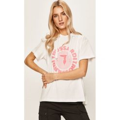 Trussardi Jeans - T-shirt. Różowe bluzki damskie Trussardi Jeans, s, z aplikacjami, z bawełny, z kapturem. Za 369,90 zł.