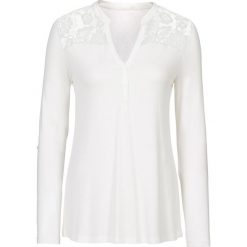 Shirt henley z koronkową wstawką bonprix biel wełny. Białe koszulki damskie bonprix, bez wzorów, z wełny, z dekoltem w serek, bez rękawów. Za 59,99 zł.
