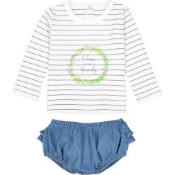 Niemowlęcy komplecik: T-shirt i krótkie spodenki 0 miesięcy - 3 latka. Niebieskie spodenki dziewczęce marki La Redoute Collections, w paski, z bawełny. Za 88,16 zł.