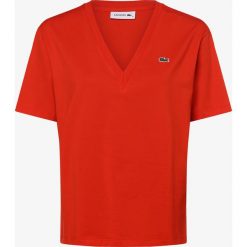 Lacoste - T-shirt damski, czerwony. Czerwone t-shirty damskie Lacoste, z aplikacjami, z bawełny, z dekoltem w serek. Za 249,95 zł.