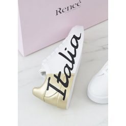 Biało-Złote Sneakersy Hashtag. Żółte buty sportowe damskie Renee, z nadrukiem, sportowe. Za 59,99 zł.