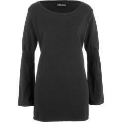 Sweter z dzianiny o gładkim splocie drobnych oczek z rozkloszowanymi rękawami bonprix czarny. Czarne swetry damskie marki bonprix, bez wzorów, z dzianiny, bez rękawów, bez kaptura. Za 89,99 zł.