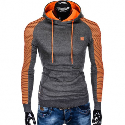 BLUZA MĘSKA Z KAPTUREM B821 - GRAFITOWA/POMARAŃCZOWA. Brązowe bluzy męskie rozpinane marki Ombre Clothing, m, z bawełny, z kapturem. Za 65,00 zł.