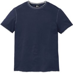T-shirt z brzegami bez obszycia bonprix ciemnoniebieski. Niebieskie t-shirty męskie bonprix, s, bez wzorów, z kontrastowym kołnierzykiem. Za 21,99 zł.