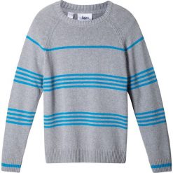 Sweter chłopięcy w paski bonprix jasnoszary melanż - turkusowy w paski. Szare swetry chłopięce bonprix, w paski, z okrągłym kołnierzem. Za 27,99 zł.