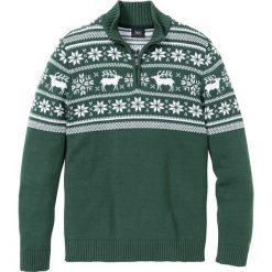 Sweter ze stójką bonprix zielony wojskowy wzorzysty. Zielone swetry męskie bonprix, s, bez wzorów, militarne, ze stójką, bez kaptura. Za 109,99 zł.