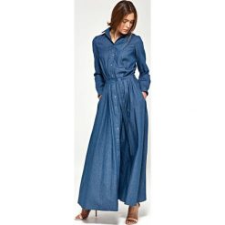 Jeansowa Koszulowa Sukienka Maxi z Długim Rękawem. Niebieskie sukienki damskie Molly.pl, na co dzień, na lato, xxl, bez wzorów, z jeansu, z koszulowym kołnierzykiem, z długim rękawem, długie, maxi, proste. Za 189,90 zł.