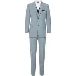Garnitur 5-częściowy (marynarka, spodnie, kamizelka, krawat i chusteczka do butonierki) bonprix srebrny. Szare krawaty męskie bonprix, bez wzorów. Za 149,99 zł.