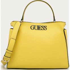 Guess Jeans - Torebka. Fioletowe torby damskie na zakupy Guess Jeans, w paski, z bawełny, na ramię, duże, bez dodatków. W wyprzedaży za 499,90 zł.