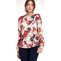Kwiatowa Szykowna Bluzka z Pionową Falbanką. Brązowe podkoszulki damskie Molly.pl, s, bez wzorów, eleganckie, z falbankami, z długim rękawem. Za 118,90 zł.