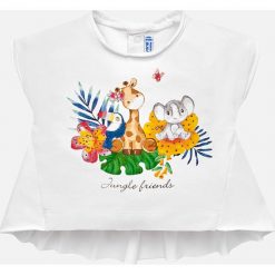 Mayoral - Top dziecięcy 68-98 cm. Białe bluzki dziewczęce Mayoral, z nadrukiem, z elastanu, z okrągłym kołnierzem, z krótkim rękawem, krótkie, bez kaptura. Za 65,90 zł.