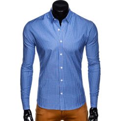 Koszula męska w kratę z długim rękawem K437 - błękitna. Niebieskie koszule męskie Ombre Clothing, s, bez wzorów, z bawełny, bez kołnierzyka, z długim rękawem. Za 39,00 zł.
