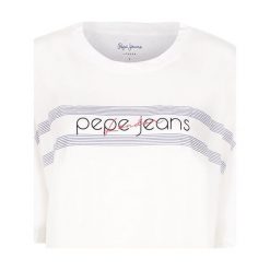 T- shirt Pepe Jeans. Białe koszulki damskie Pepe Jeans, z nadrukiem, z jeansu, bez kołnierzyka, bez rękawów. Za 49,00 zł.