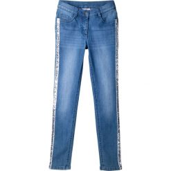 Dżinsy SKINNY z lampasami z cekinów bonprix niebieski "stone”. Niebieskie spodnie dziewczęce bonprix, bez wzorów, z jeansu. Za 79,99 zł.