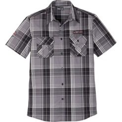 Koszula z krótkim rękawem Slim Fit bonprix szary w kratę. Szare koszule męskie bonprix, m, z aplikacjami, bez kołnierzyka, z krótkim rękawem. Za 79,99 zł.