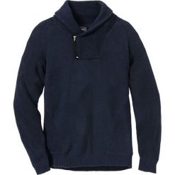 Sweter z szalowym kołnierzem Regular Fit, z bawełny z recyclingu bonprix ciemnoniebieski. Niebieskie swetry męskie bonprix, s, w paski, z bawełny, bez kołnierzyka, bez kaptura. Za 89,99 zł.