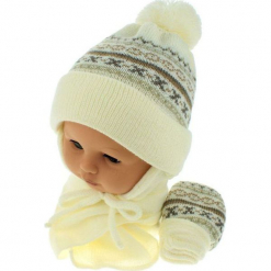 Czapka niemowlęca z szalikiem i rękawiczkami CZ+S+R 013E. Brązowe czapeczki niemowlęce Proman. Za 45,90 zł.