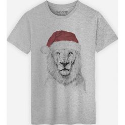 Koszulka "Santa Lion" w kolorze szarym. Szare koszulki damskie Wooop, xl, z nadrukiem, z bawełny, z okrągłym kołnierzem. W wyprzedaży za 59,95 zł.
