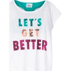 Biustonosz bustier + shirt (2 części) bonprix biało-szmaragdowy z nadrukiem. Zielone bluzki dziewczęce bonprix, z nadrukiem, bez kołnierzyka, bez rękawów, bez kaptura. Za 44,99 zł.