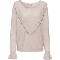 Sweter z falbaną bonprix beżowy. Brązowe swetry damskie marki bonprix, bez wzorów, bez rękawów, bez kaptura. Za 44,99 zł.