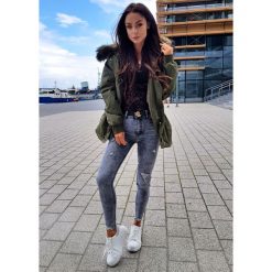 Premium Ekskluzywna Parka Z Naturalnym Jenotem Kolor Khaki S. Czarne parki damskie LIGARI, s, w paski, z bawełny, bez kaptura. Za 499,00 zł.