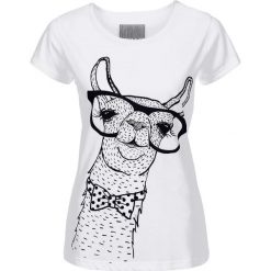 T-shirt z nadrukiem bonprix biały Lama. Białe t-shirty damskie bonprix, z nadrukiem, bez kołnierzyka. Za 34,99 zł.
