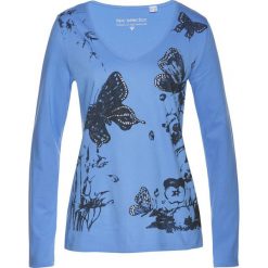 Shirt z długim rękawem bonprix niebiesko-czarny. Niebieskie koszulki damskie bonprix, z nadrukiem, bez kołnierzyka, z długim rękawem. Za 44,99 zł.