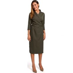 Sukienka na zakładkę z paskiem - khaki. Brązowe sukienki damskie Style, s, bez wzorów, z elastanu, eleganckie, bez kołnierzyka, bez rękawów, dopasowane. W wyprzedaży za 189,00 zł.