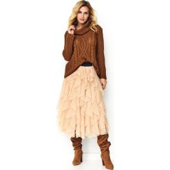 Spódnica tiulowa midi beżowa. Brązowe spódniczki damskie e-margeritka.pl, s, bez wzorów, z tkaniny, eleganckie, krótkie, midi, dopasowane. Za 198,99 zł.