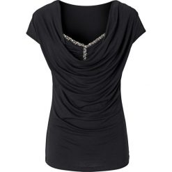 Shirt z dekoltem "wodą" bonprix czarny. Czarne koszulki damskie bonprix, z aplikacjami, bez kołnierzyka, z krótkim rękawem. Za 54,99 zł.